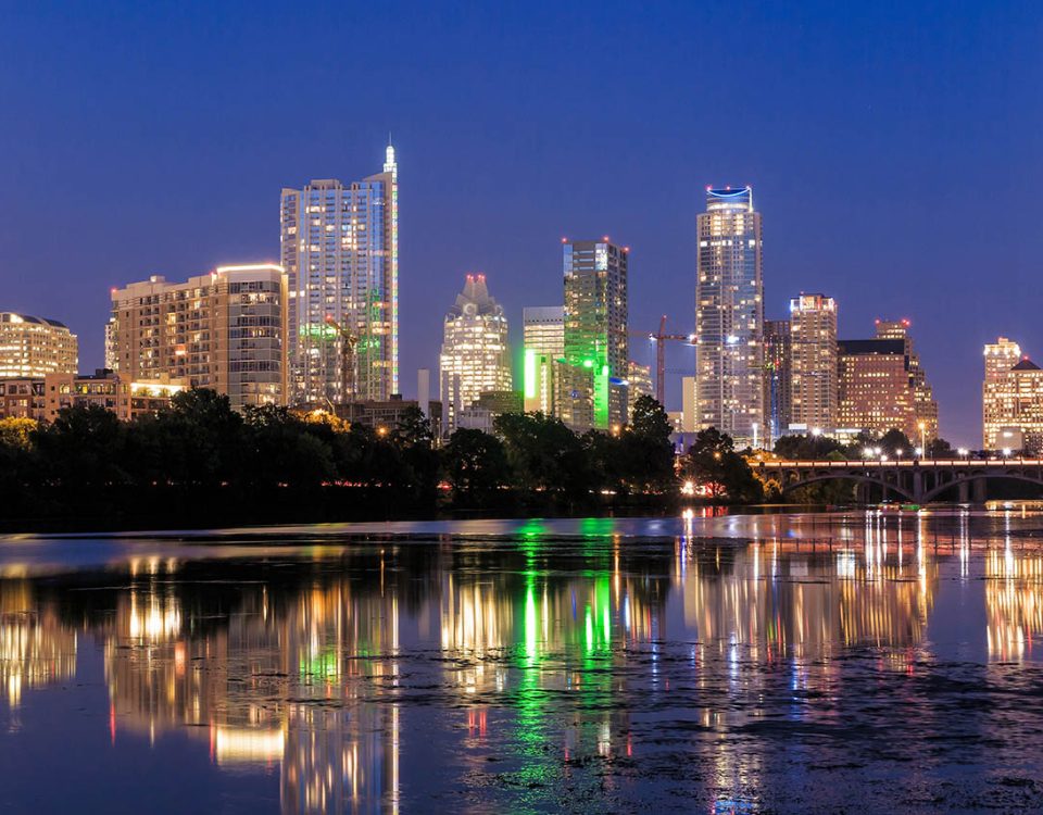 Austin Texas skyline at dark - near Country Oasis RV Park