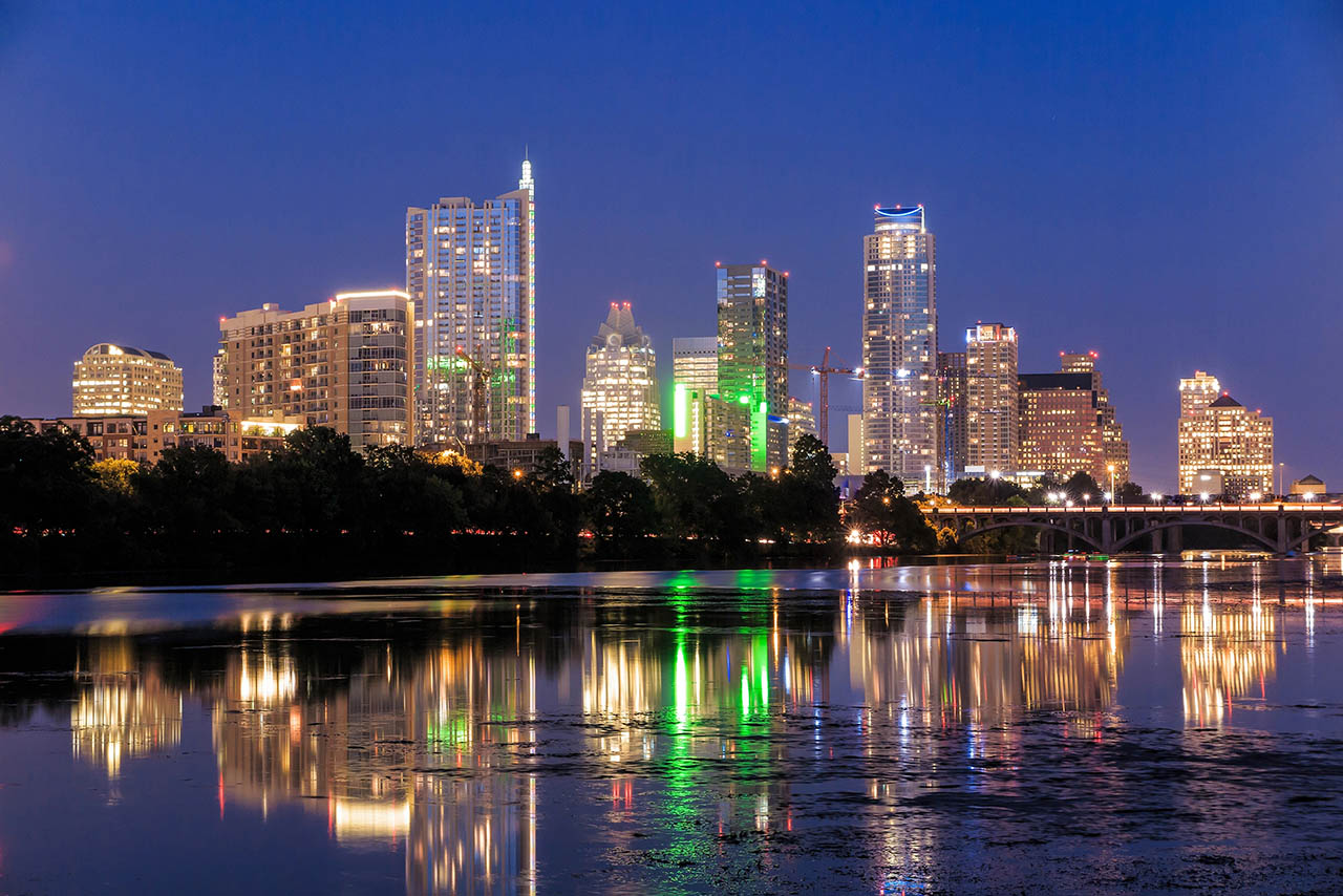 Austin Texas skyline at dark - near Country Oasis RV Park