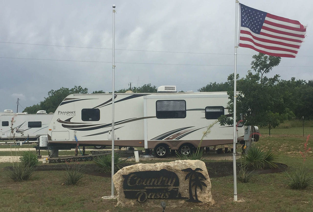 Country Oasis RV Park entrance with long-term RV sites near Austin Texas