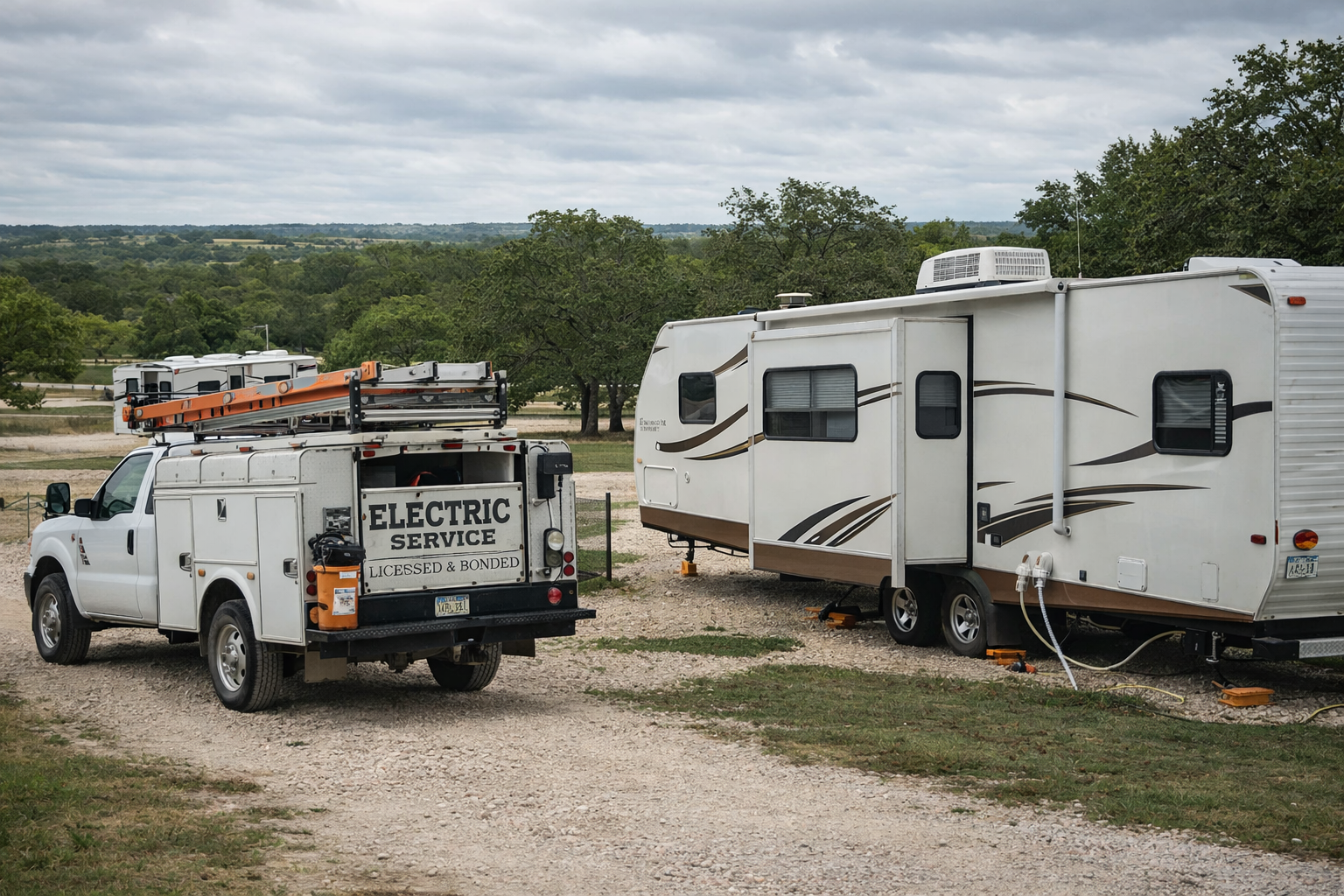 Work truck parked beside RV at long-term RV park near Austin Texas