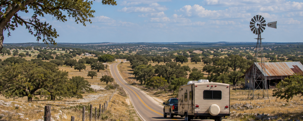 Scenic Texas Hill Country road near Florence, Texas with rolling ranchland, live oak trees, and an RV traveling through Central Texas.