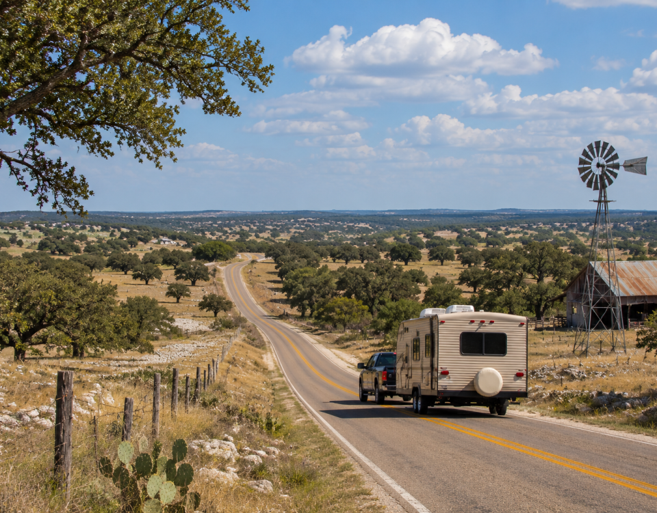 Scenic Texas Hill Country road near Florence, Texas with rolling ranchland, live oak trees, and an RV traveling through Central Texas.