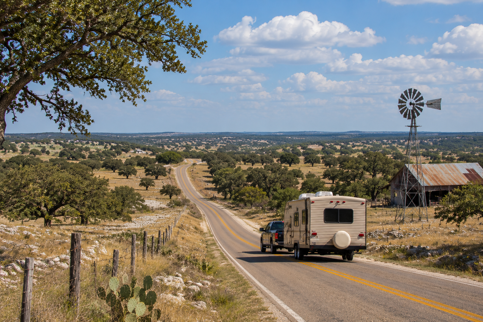 Scenic Texas Hill Country road near Florence, Texas with rolling ranchland, live oak trees, and an RV traveling through Central Texas.